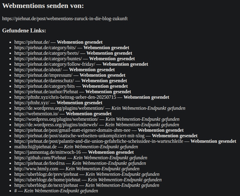Screenshot gesendeter Webmentions im Browser