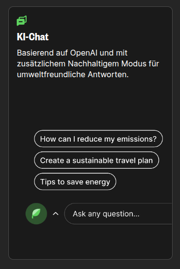 Der Screenshot zeigt die KI-Chat-Funktion im Ecosia-Browser, die auf OpenAI basiert und zusätzliche Nachhaltigkeitsmodule für umweltfreundliche Antworten bietet. Die Benutzeroberfläche enthält Beispielthemen wie die Reduzierung von Emissionen, die Erstellung eines nachhaltigen Reiseplans und Tipps zum Energiesparen.