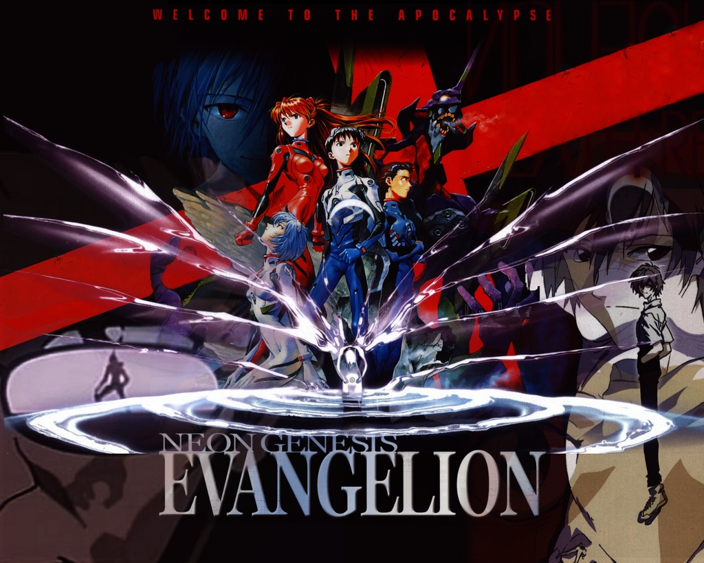 Das Bild zeigt eine Gruppe von Charakteren aus dem Anime "Neon Genesis Evangelion" in einer dramatischen Pose vor einem dunklen Hintergrund mit dem Titel "Welcome to the Apocalypse"