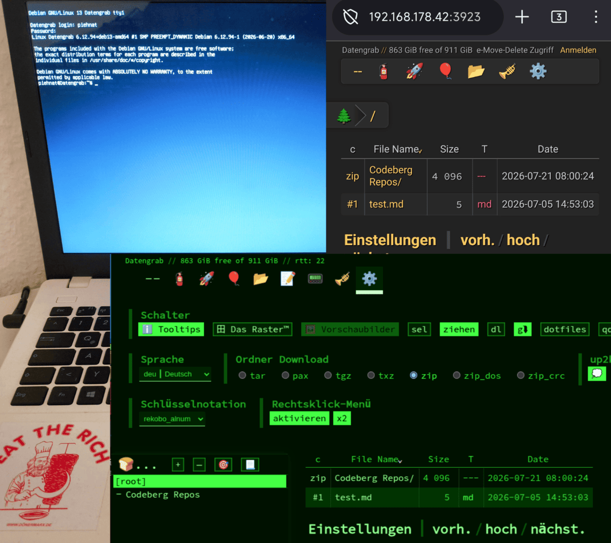 Ein alter Laptop und 2 Screenshots der Copyparty-Ansicht