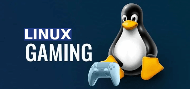 Linux Gaming Tutorial Titelbild. Linux Tux sitzt hinter einem Controller, links daneben der Schriftzug Linux Gaming