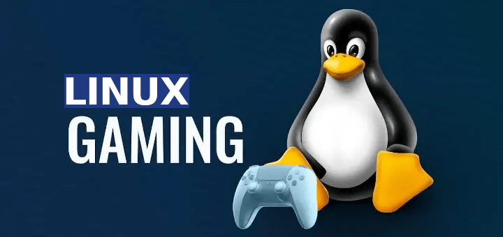 Linux Gaming Tutorial Titelbild. Linux Tux sitzt hinter einem Controller, links daneben der Schriftzug Linux Gaming