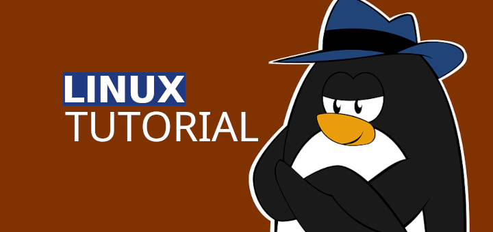 Comic-Pinguin mit blauem Fedora-Hut verschränkt die Arme vor braunem Hintergrund. Links daneben steht „LINUX TUTORIAL“, wobei „LINUX“ in weißer Schrift auf blauem Hintergrund hervorgehoben ist.