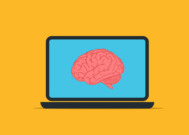 Illustration eines Gehirns auf einem Laptop-Bildschirm. Konzept für künstliche Intelligenz, maschinelles Lernen, Data Science oder Brainstorming.