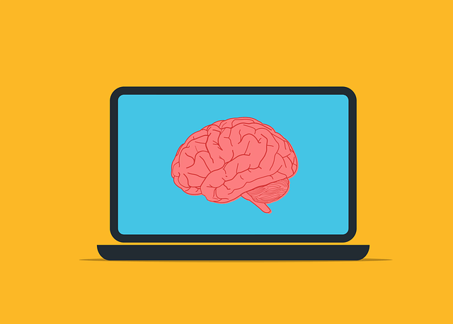 Illustration eines Gehirns auf einem Laptop-Bildschirm. Konzept für künstliche Intelligenz, maschinelles Lernen, Data Science oder Brainstorming.