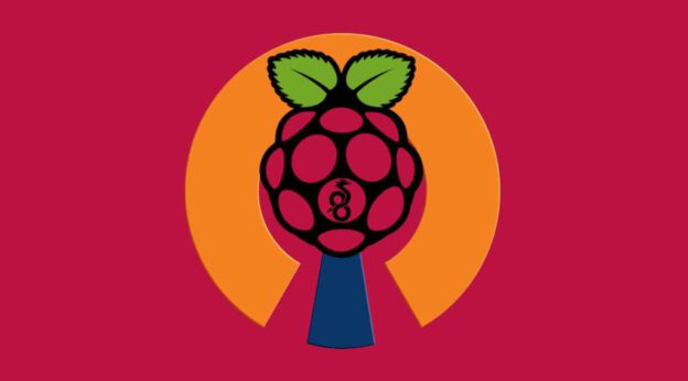 Das Bild zeigt ein stilisiertes Himbeersymbol, das das Raspberry Pi Logo darstellt, eingebettet in eine orangefarbene, vertikale Ellipse, die an ein Schlüsselloch erinnert. Der Hintergrund ist rot. Der Himbeerkörper ist schwarz umrandet und mit roten Segmenten gefüllt, die wie kleine Noppen aussehen. Im Inneren des Himbeerkörpers befindet sich eine stilisierte, weiße Schlange, die sich in einer liegenden Acht windet, was das PiVPN-Logo darstellt. Der Stiel der Himbeere ist blau und trapezförmig, und oben befinden sich zwei grüne, stilisierte Blätter.