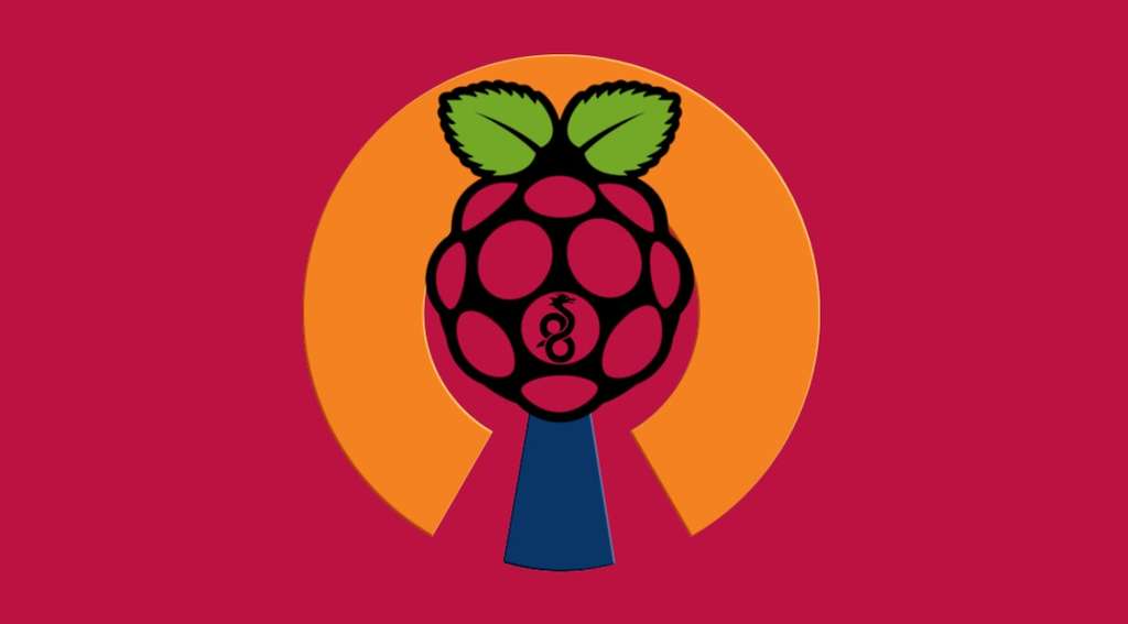 Das Bild zeigt ein stilisiertes Himbeersymbol, das das Raspberry Pi Logo darstellt, eingebettet in eine orangefarbene, vertikale Ellipse, die an ein Schlüsselloch erinnert. Der Hintergrund ist rot. Der Himbeerkörper ist schwarz umrandet und mit roten Segmenten gefüllt, die wie kleine Noppen aussehen. Im Inneren des Himbeerkörpers befindet sich eine stilisierte, weiße Schlange, die sich in einer liegenden Acht windet, was das PiVPN-Logo darstellt. Der Stiel der Himbeere ist blau und trapezförmig, und oben befinden sich zwei grüne, stilisierte Blätter.