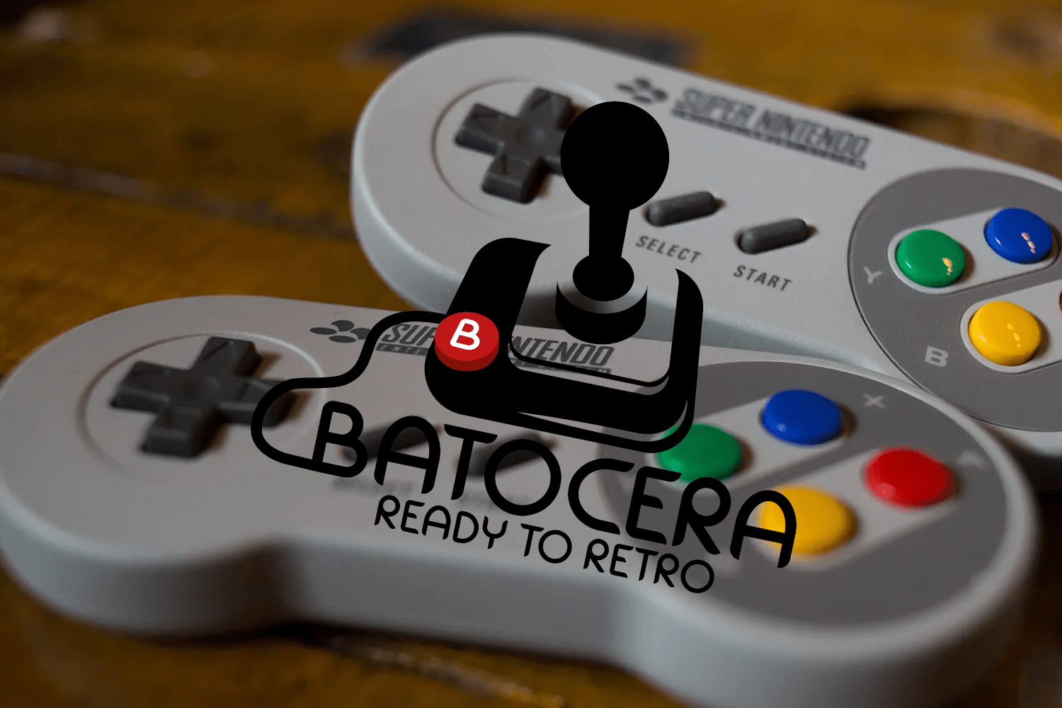 Zwei Super Nintendo Entertainment System (SNES) Controller mit dem Batocera "Ready to Retro" Logo überlagert.