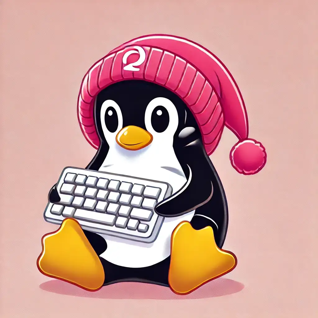 Linux Tux Pinguin sitzend mit rosa Mütze und Tastatur vor sich haltend