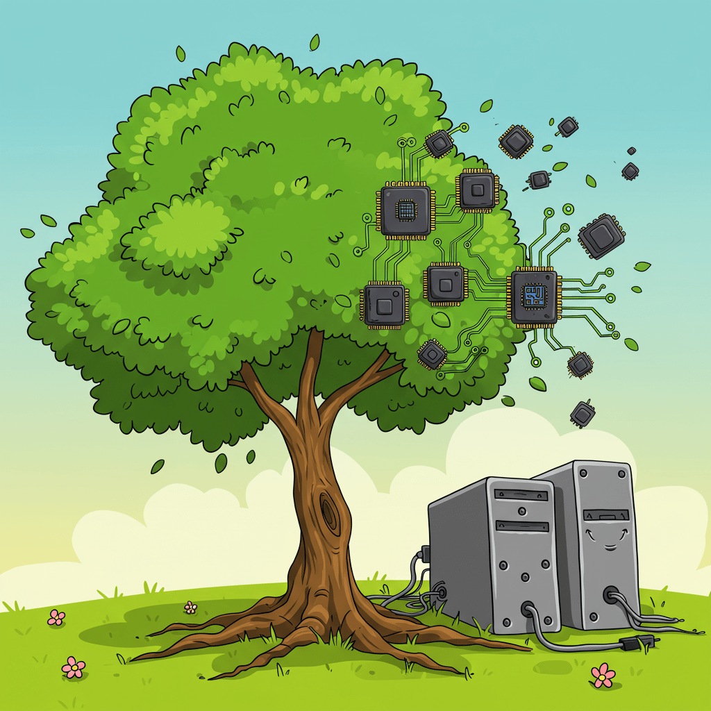 Ein Cartoon zeigt einen Baum mit einem grünen Blätterdach, dessen Äste teilweise in grüne Leiterbahnen und schwarze Mikrochips übergehen. Einige Chips lösen sich vom Baum und schweben in der Luft. Am Fuße des Baumes stehen zwei graue Computer-Tower mit freundlichen, lächelnden Gesichtern. Dicke schwarze Kabel verbinden die Computer mit dem Stamm des Baumes und scheinen ihn "auszusaugen". Der Hintergrund zeigt einen hellblauen Himmel mit vereinzelten Wolken und einen grünen Boden mit ein paar bunten Blumen.