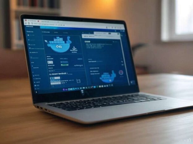 Offener Laptop mit Überblick über Docker Container auf einem Tisch.