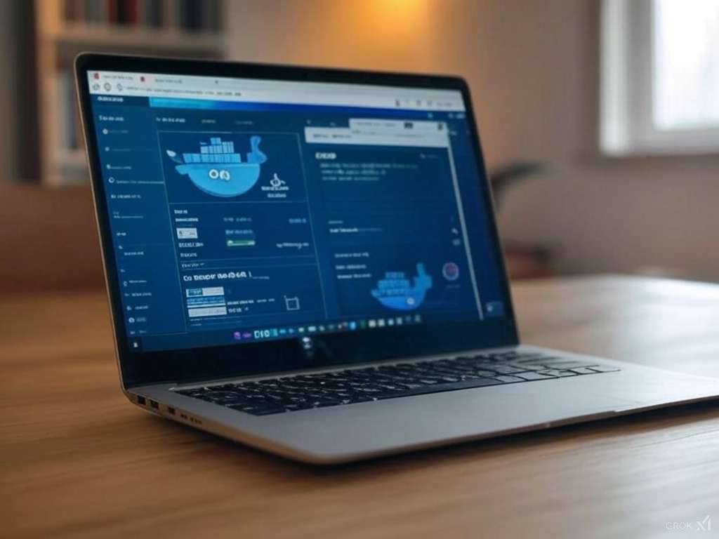 Offener Laptop mit Überblick über Docker Container auf einem Tisch.