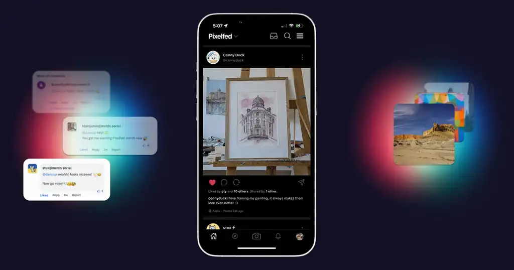 Ein Smartphone zeigt die Pixelfed-App mit einem Beitrag