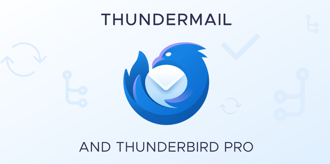 Das Bild zeigt ein stilisiertes Logo von Thunderbird in der Mitte, das wie ein blauer Vogel gestaltet ist, der einen Briefumschlag umschließt – ein Symbol für E-Mail-Kommunikation. Darüber steht in Großbuchstaben „THUNDERMAIL“, darunter „AND THUNDERBIRD PRO“. Der Hintergrund ist hellblau mit dezenten technischen Symbolen, etwa Pfeile für Synchronisation und Netzwerksymbole, die das Thema Cloud und Konnektivität andeuten. Die Gestaltung ist modern, klar und technisch orientiert, mit Fokus auf den neuen cloudbasierten Diensten von Mozilla Thunderbird.
