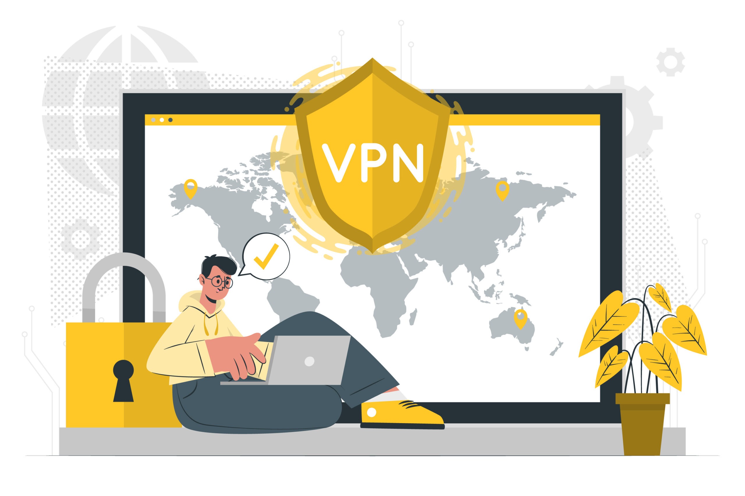Die Illustration zeigt eine Person am Laptop vor einer Weltkarte mit VPN-Schild. Standort-Pins symbolisieren globale Server. Ein Vorhängeschloss und ein Häkchen stehen für Sicherheit, Gelb- und Grautöne dominieren das moderne Design.