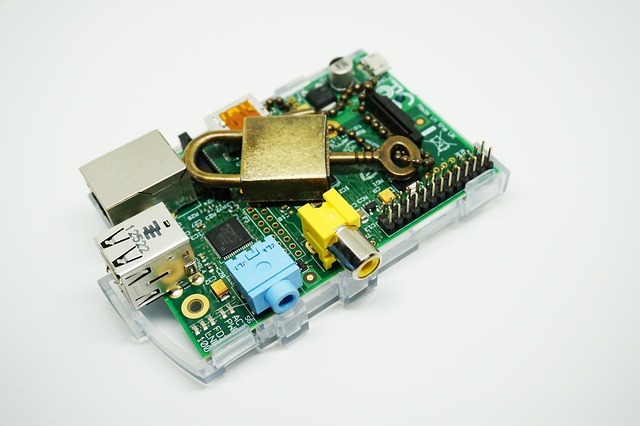 Ein Nahaufnahme-Foto zeigt einen Raspberry Pi, einen kleinen grünen Einplatinencomputer. Auf dem Motherboard liegen ein kleines, goldfarbenes Vorhängeschloss und ein passender bronzefarbener Schlüssel, die auf den Aspekt der Sicherheit und Kontrolle hinweisen. Der Raspberry Pi selbst ist teilweise von einem transparenten Gehäuse umschlossen, wobei die USB- und Ethernet-Anschlüsse auf der linken Seite deutlich sichtbar sind. Auf der rechten Seite des Bildes sind weitere Pins und Anschlüsse des Boards zu sehen. Der Hintergrund ist schlicht weiß, wodurch der Fokus ganz auf der Hardware und den darauf platzierten Objekten liegt.