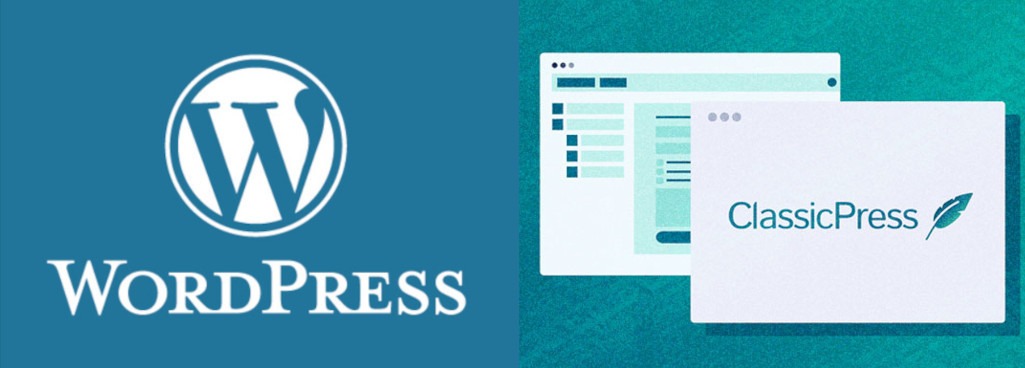 Das Bild zeigt eine Gegenüberstellung von WordPress und ClassicPress. Auf der linken Seite befindet sich das bekannte WordPress-Logo auf blauem Hintergrund, darunter der Schriftzug „WordPress“ in Großbuchstaben. Die rechte Seite zeigt eine abstrahierte Benutzeroberfläche mit zwei überlappenden Fenstern. Im Vordergrund ist das Logo von ClassicPress zu sehen – ein stilisierter Schriftzug mit einer Feder – auf hellem Hintergrund. Der Vergleich suggeriert, dass ClassicPress eine alternative Benutzererfahrung zum modernen WordPress bietet, vermutlich mit einem Fokus auf das klassische Interface.