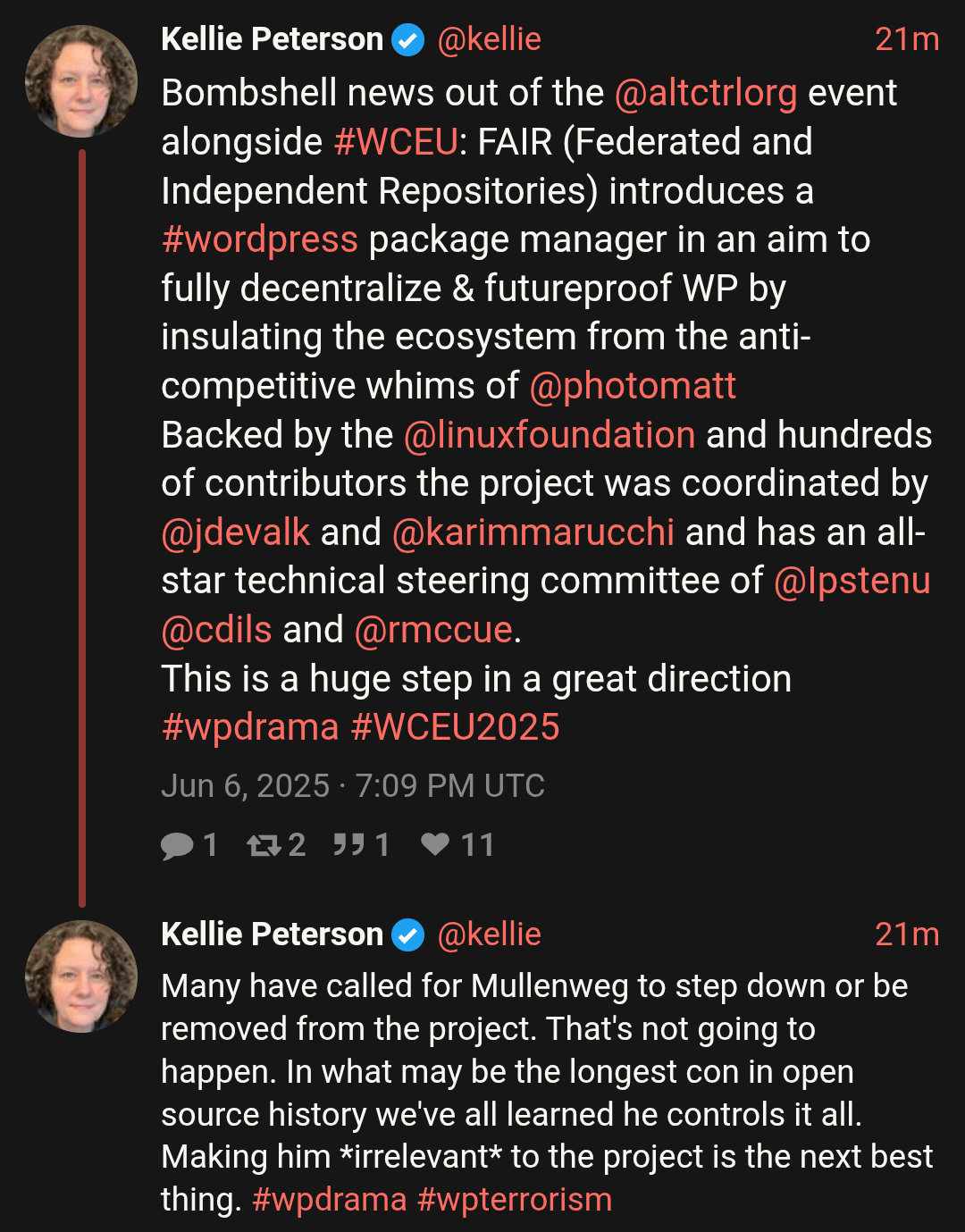 Das Bild zeigt zwei Beiträge von Kellie Peterson, in denen sie über die Einführung von FAIR berichtet – einem dezentralen Paketmanager für WordPress, unterstützt von der Linux Foundation, um das Projekt unabhängiger von Matt Mullenweg zu machen. Sie kritisiert Mullenwegs anhaltende Kontrolle über WordPress und bezeichnet FAIR als wichtigen Schritt zur Entmachtung seiner zentralen Rolle.